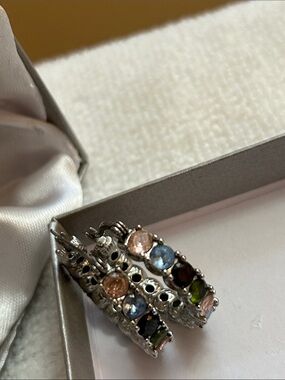 Stainless steel Multi-Stone Hoop Earrings Pink and Blue, Green & Black Accent